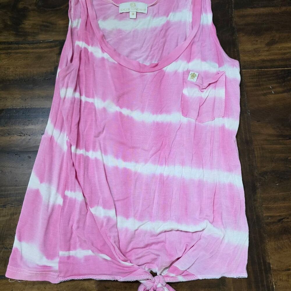 ​Simply Southern Pink Tie Dye Front Tie Pocket Tank Top Medium